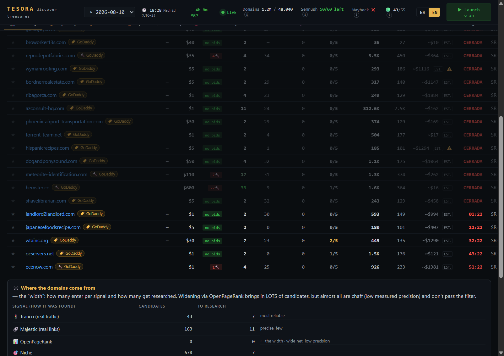 Tesora panel: the day's conclusion with the reason for each domain and the table with bid, TF and estimated value.